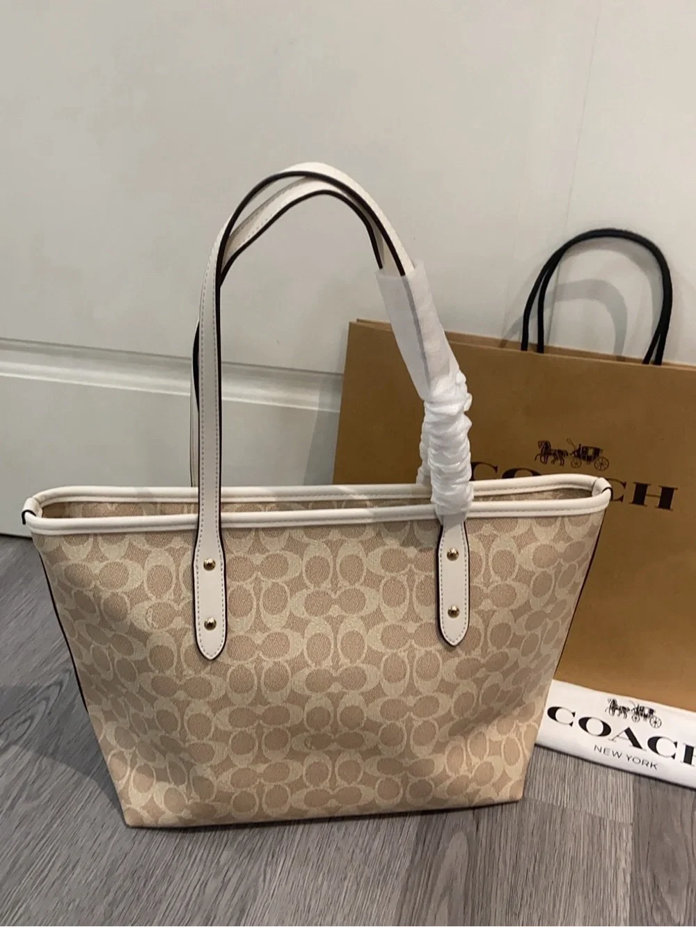 Coach Beige and White Signature Logo Tote